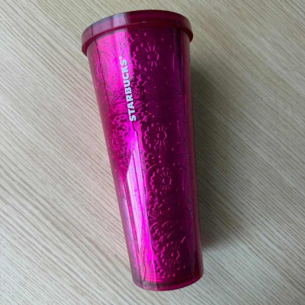 Starbucks 2017 Venti RARE 24oz Tumbler Pink Majent Floral Embossed Metallic Foil